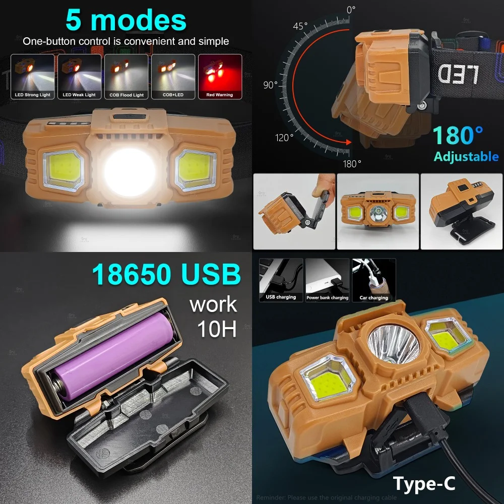 6000000LM HEAD Light COB Red Head Flashlights 70G EDC Portable Lamp LED Headlamp 18650 USB Head Torch Light for Climbing Outdoor