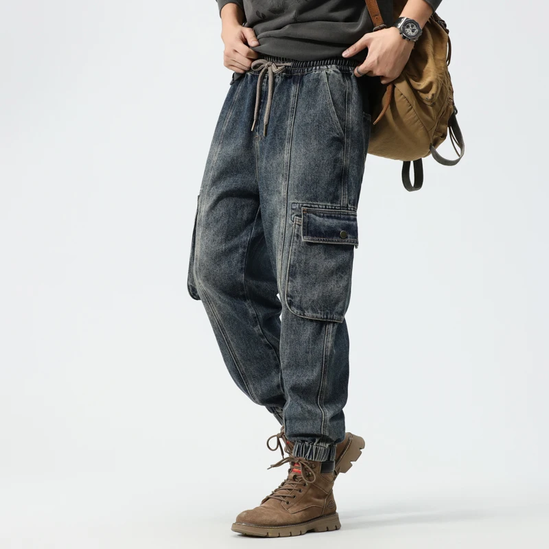 Jeans Kargo Longgar Gaya Jalanan Tinggi Dicuci Retro Musim Gugur Pria Celana Kasual Pakaian Kerja Ukuran Besar Kaki Meruncing Amerika Trendi