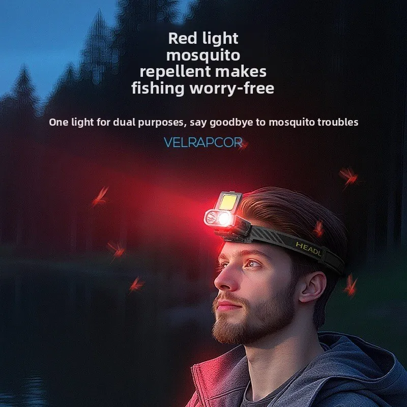 New Smile Shark Outdoor Induction Headlight Strong Light Clip Hat Night Fishing Red Light Mosquito Repellent USB Rechargeable