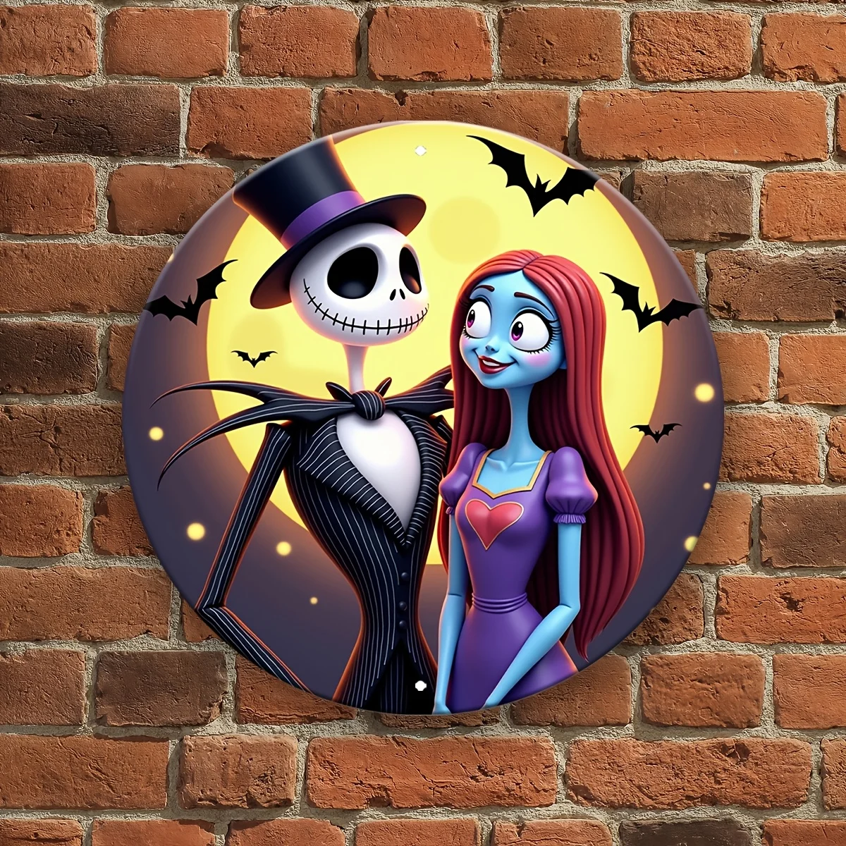 Letrero redondo de aluminio de pesadilla antes de Navidad, Jack Skellington y Sally, decoración espeluznante de Halloween para jardín, hogar o Ou, 1 ud.