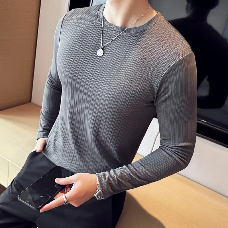 Men\'s Spring Casual Long Sleeve T-shirts/Male Fashion Slim Fit Round Neck Striped T-shirt Man Tees Plus size 4XL-M