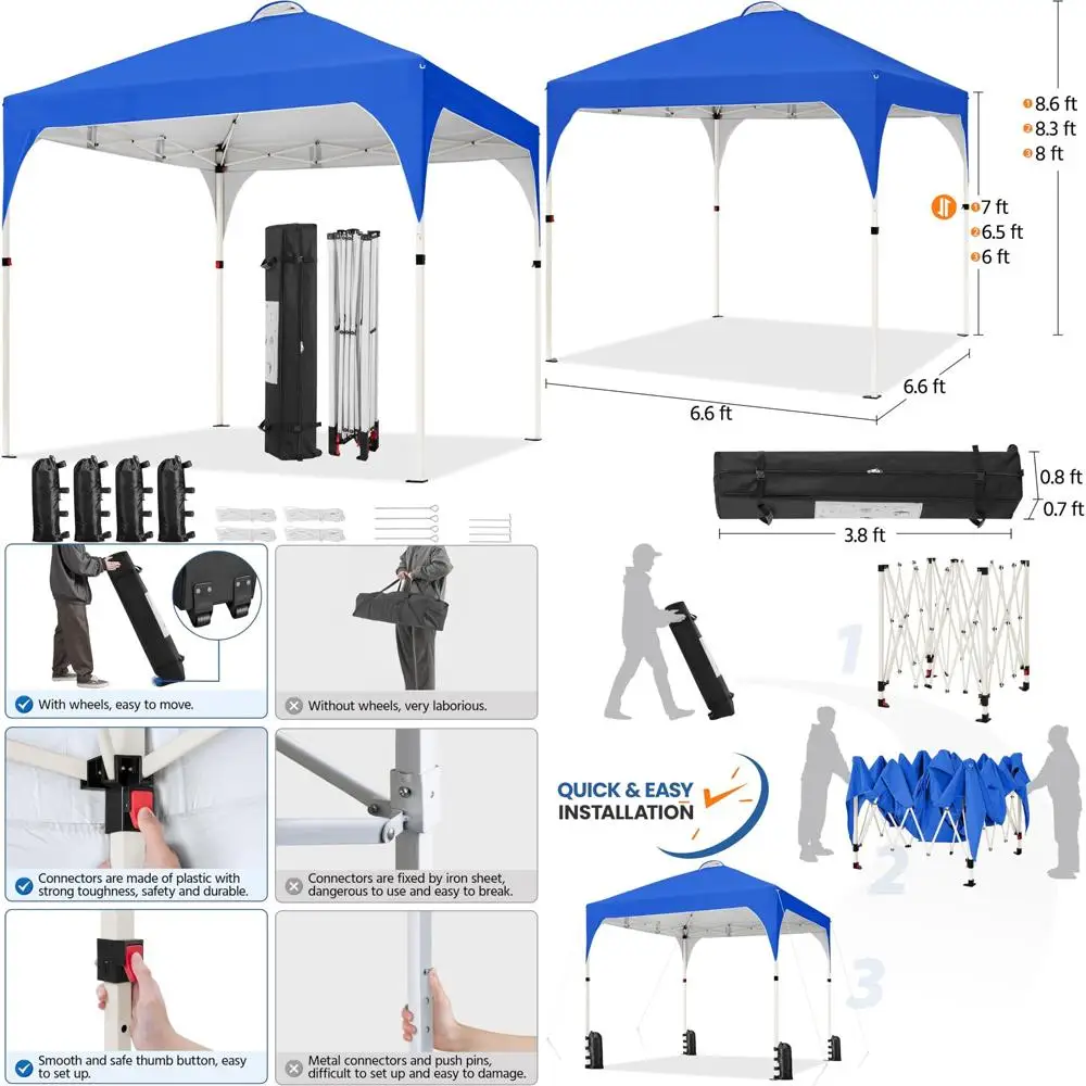 

Instant Pop Up Canopy Tent, 6.6x6.6 Feet Easy Setup, Vented Sun Shelter with Wheeled Bag, 4 Sandbags, 8 Stakes, Outdoor Event Sh
