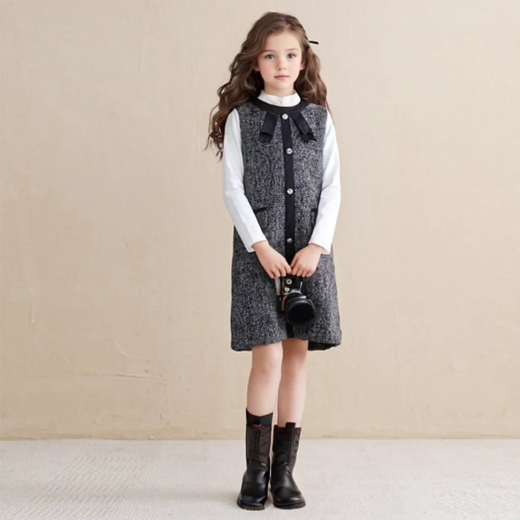 Kids Girls 2 Pieces Clothes Set Vintage Tweed Sleeveless Pinafore Dress With Bow Decor Long Sleeve Undershirt Fashion Little Gir