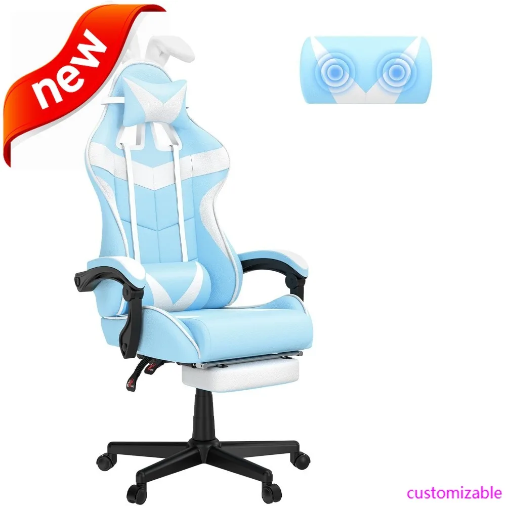 

Light Blue Gaming Chair With Footrest, Lovely Cute Bunny Computer Gamer Chair, Desk Chair