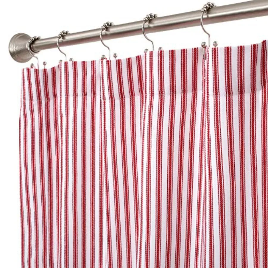 

Red and White Ticking Stripe Woven Cotton Shower Curtain Extra Long 72 Inches W x 84 Inches L