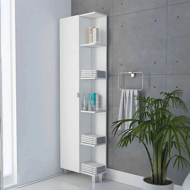 

5-Shelf Linen Cabinet with Modern Design, Featuring Open and Closed Shelves for Bathroom or Closet Storage Solutions