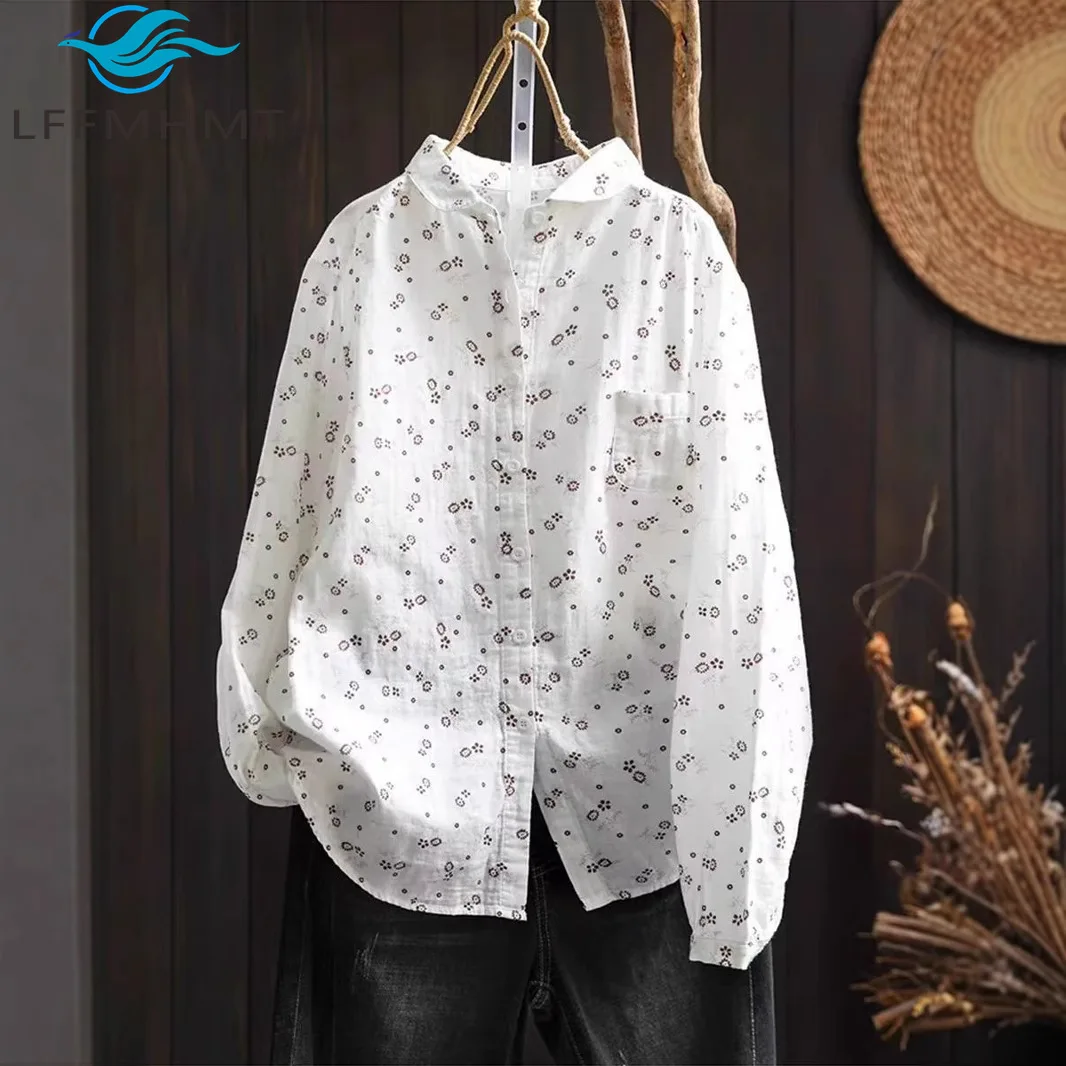 

Двухслойная хлопковая пряжа с цветочным принтом, свободная женская блузка на пуговицах с длинными рукавами, модная художественная рубашка для женщин
