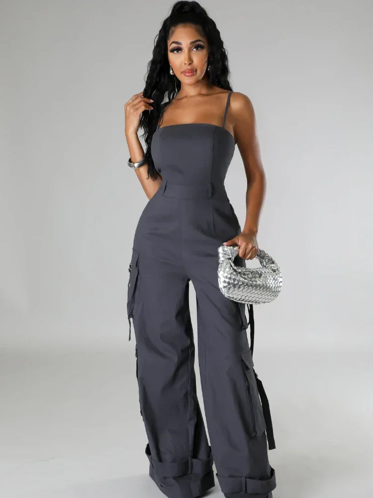 XIZOU Fashion Multi Pocket Cargo Pants Wide Leg Jumpsuit Rompers Women Spaghetti Straps Backless One Piece Overalls Streetwear