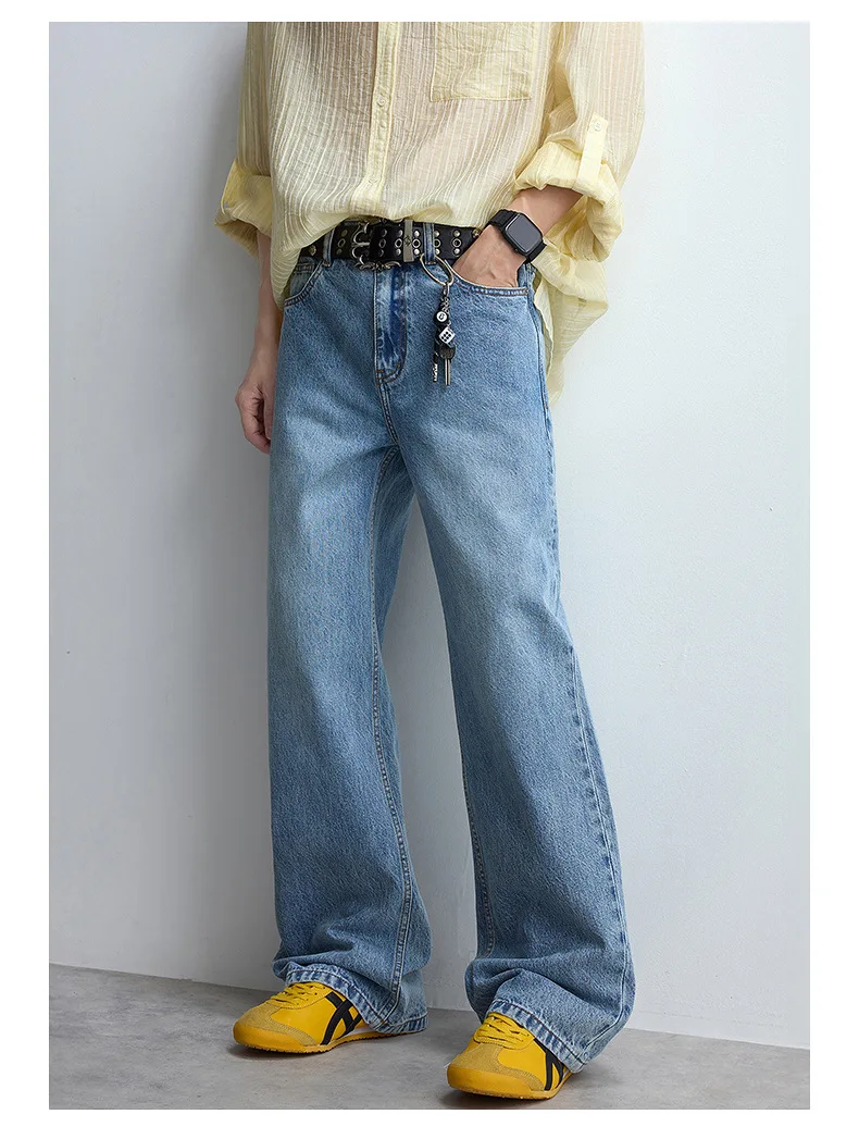 Classic Washed Sky Blue Men's Jeans Breathable, Durable, Loose-Fit Straight-Leg PantsDurable and Versatile Pocke