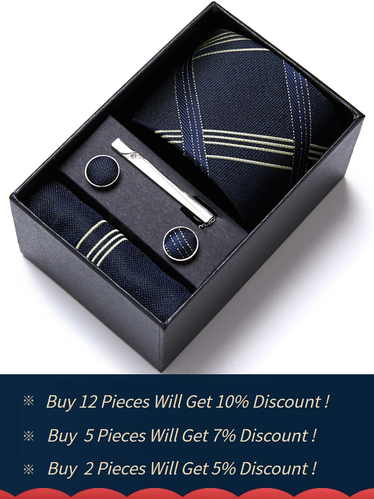 

Luxury Dropshipping 7.5 cm Silk Tie Hanky Pocket Squares Cufflink Set Necktie Men Cravat Box Polka Dark Blue Plaid Memorial Day