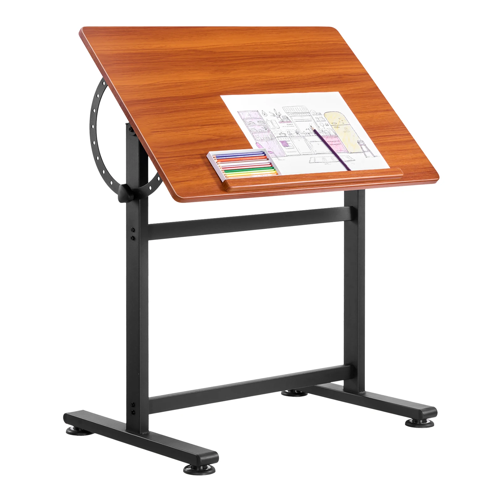 SucceBuy Drafting Table Adjustable 0°–90° Tilt Drawing Desk with Black H-Frame and Brown Desktop for Reading Writing Crafting