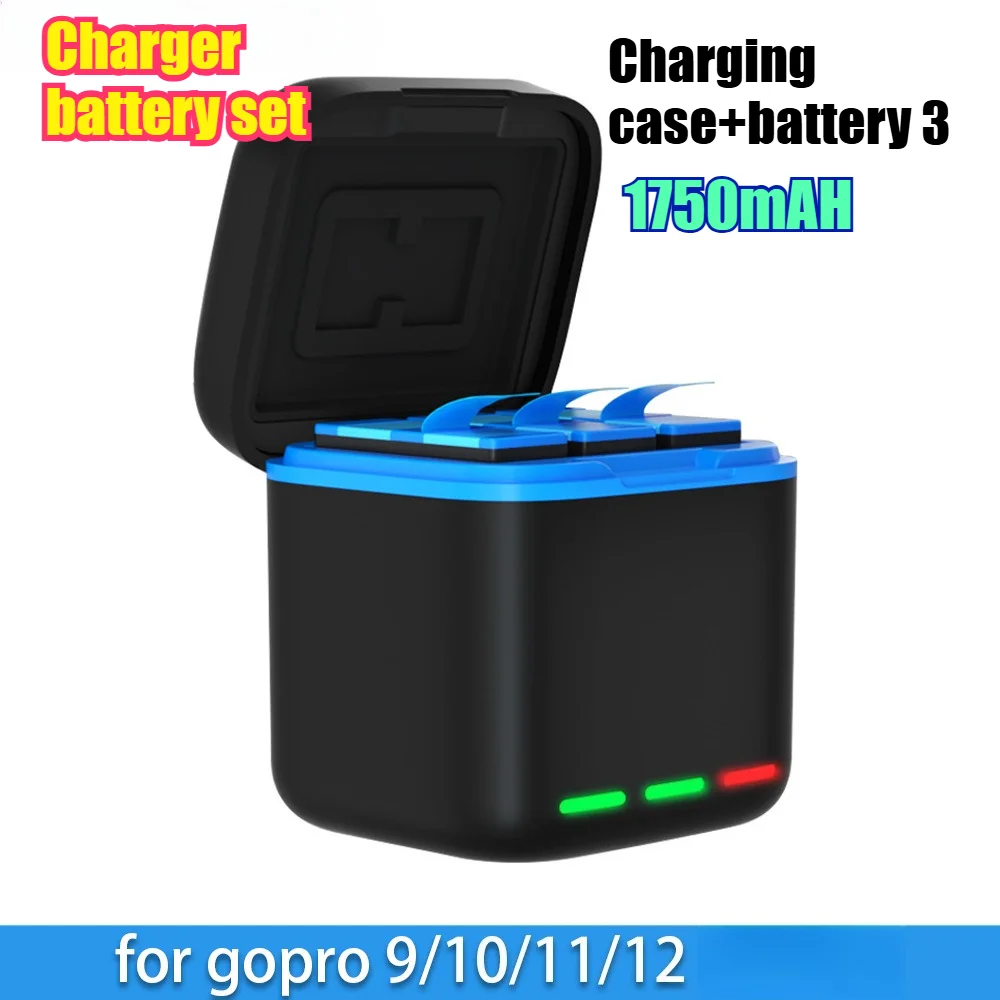 

Комплект зарядного устройства емкостью 1750 мАч — чехол для быстрой зарядки + 3 аккумулятора для светодиодного индикатора GoPro Hero 12/11/10/9, совместимый с Hero12/11