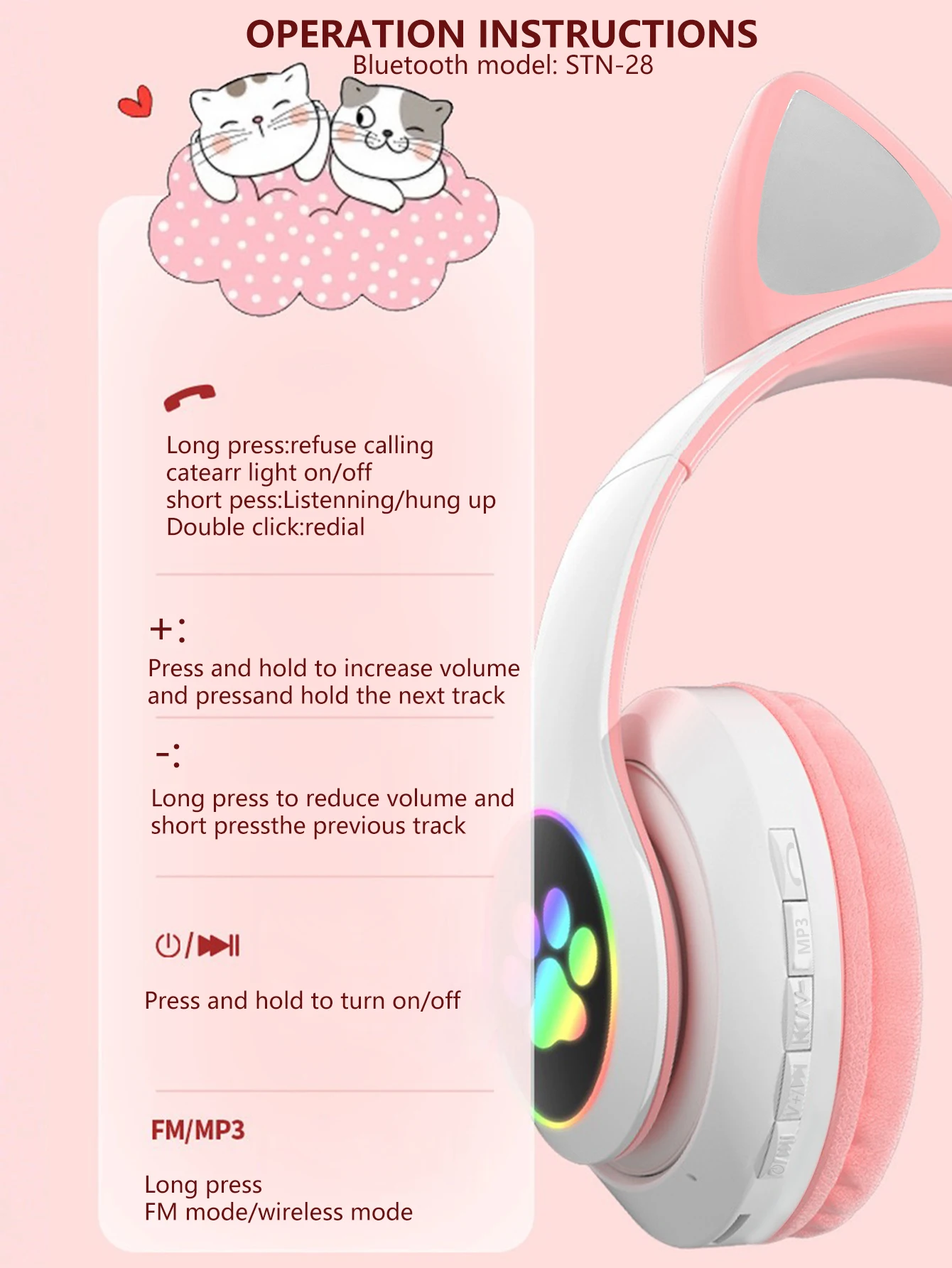 Cute Led Glowing Cat Ear Wireless Bluetooth Headphones Deep Bass_voghion.com