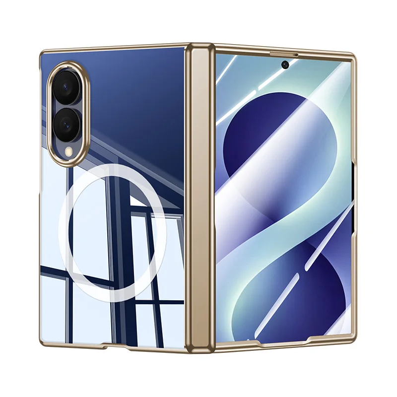 For Samsung Galaxy Z Fold 8 Wide Case Electroplate Transparent Magnetic Wireless Charging Hinge Tempered Film Shockproof Cover