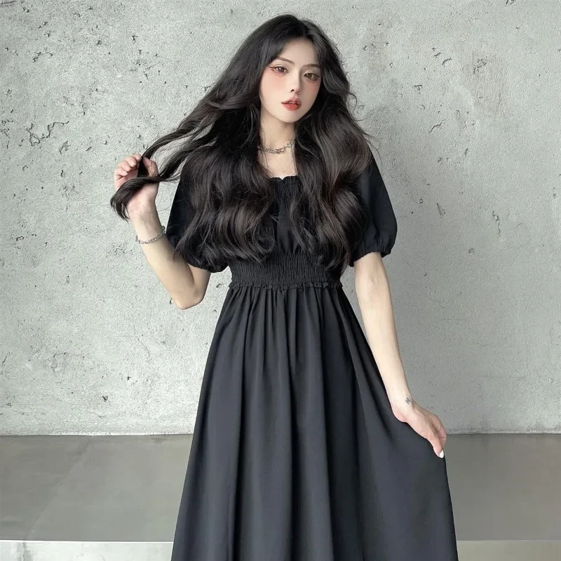 

Cool Girls Black Dresses Summer Solid Colors Mid-Length Puff Sleeve Dresses Women New Fashion Square Collar Dress Slim A-Line