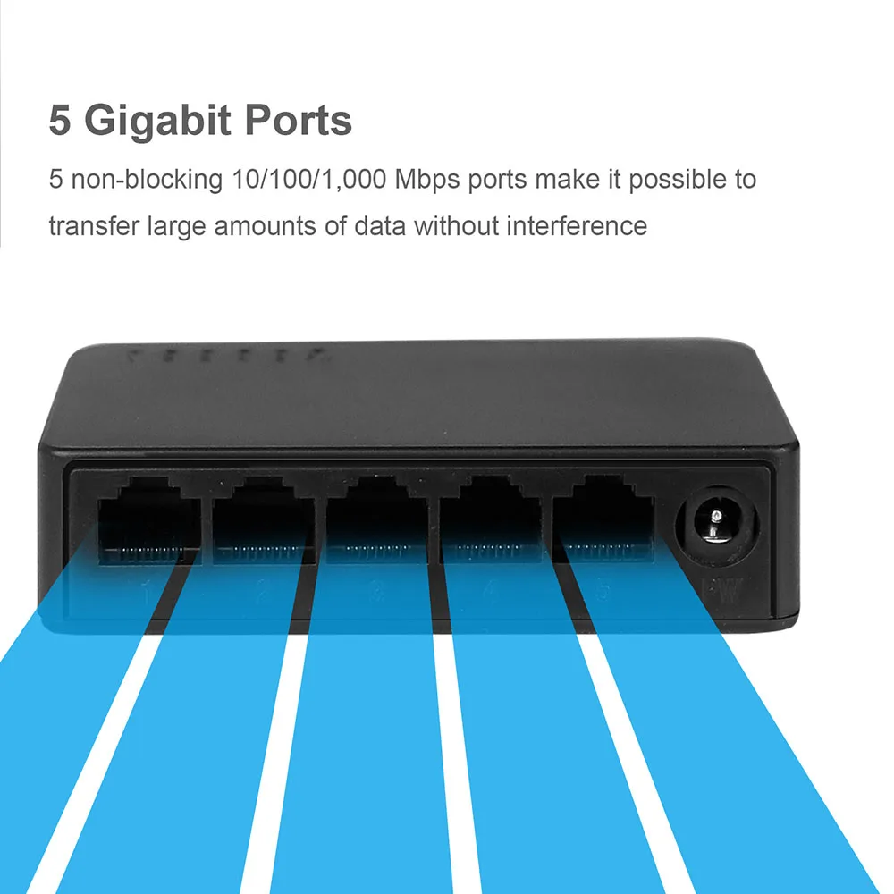 Mini Switch de Rede com 5 Portas, Ethernet 1000Mbps, 100Mbps, Smart Hub RJ45, Injector de Internet para Câmera IP e Roteador