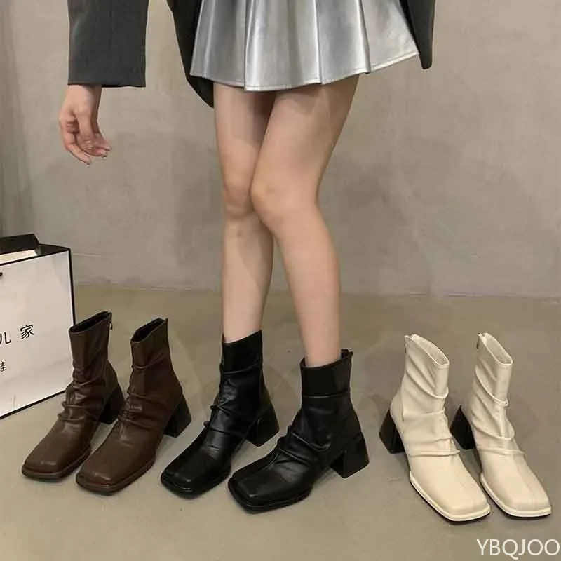 

Маленькие весенне-осенние модные новые стильные женские ботинки на грубом каблуке с квадратной головкой, тонкие модные женские короткие сапоги First High