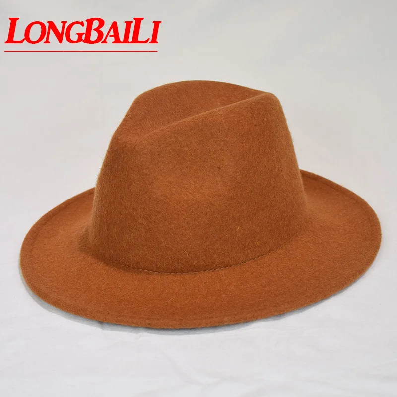 

LongBaiLi Winter Plain Wool Felt Fedora Hats For Women Wide Brim Chapeau Female Free Shipping SWDW087