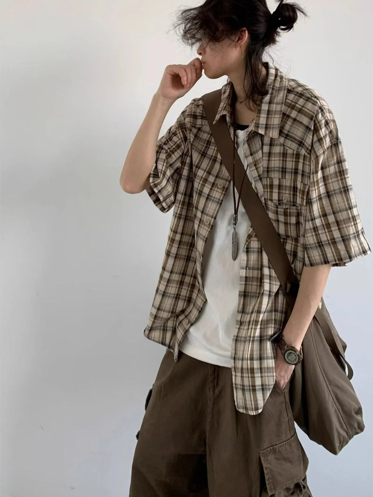 

Retro Japanese Plaid ort Sve Loose Men's irt Summer New Sle Casual Versatile Couple's Top Trendy Outerwear