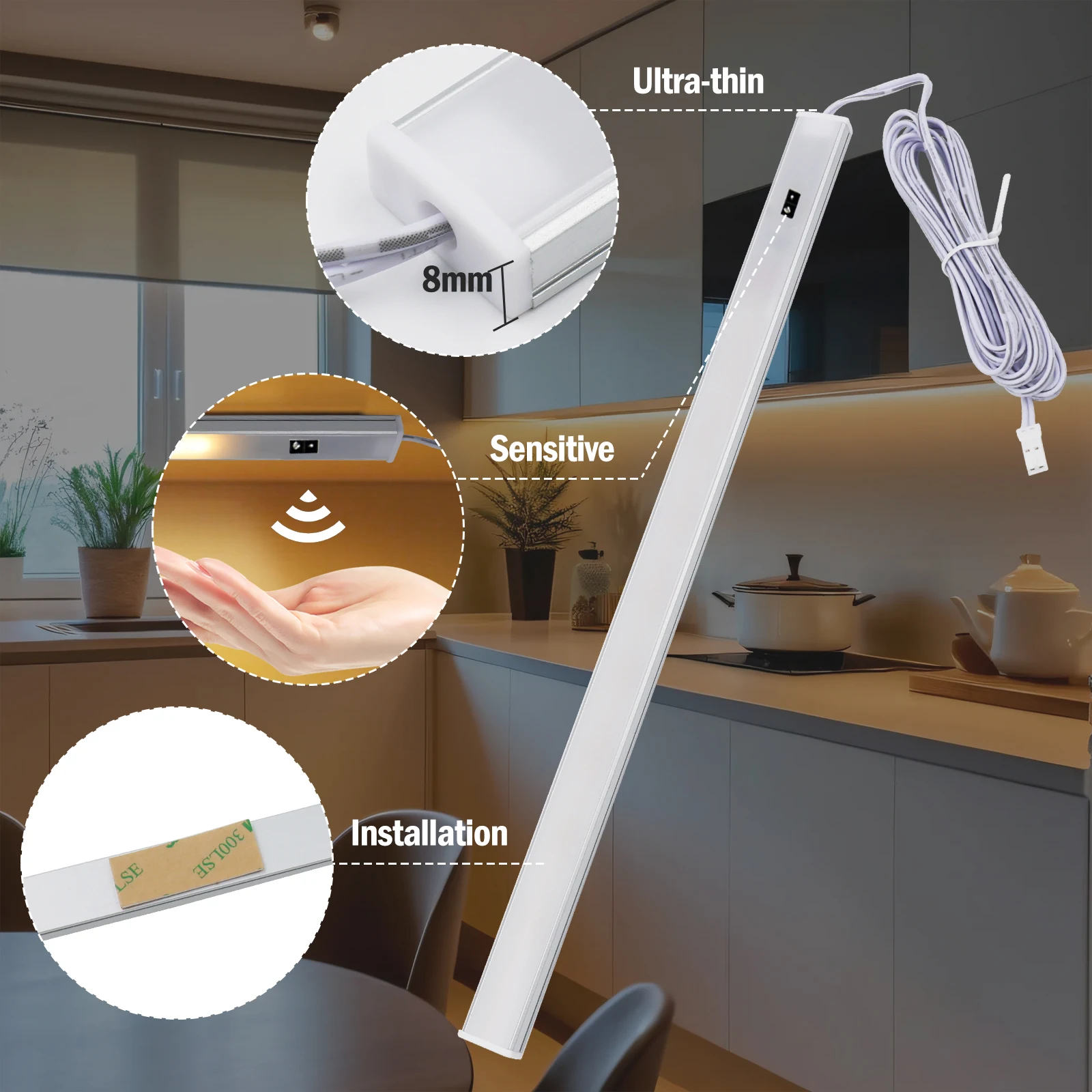 1-8Pcs LED Under Cabinet Light Kitchen 12V With Hand Scan Motion Sensor Touch Switch 30/40/50CM Dimmable Aluminium Bar Lamp Tube