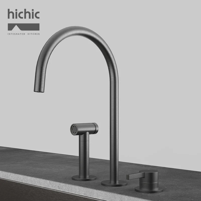 

Minimalist split type three function kitchen faucet with spray gun, brushed silver new splash proof faucet