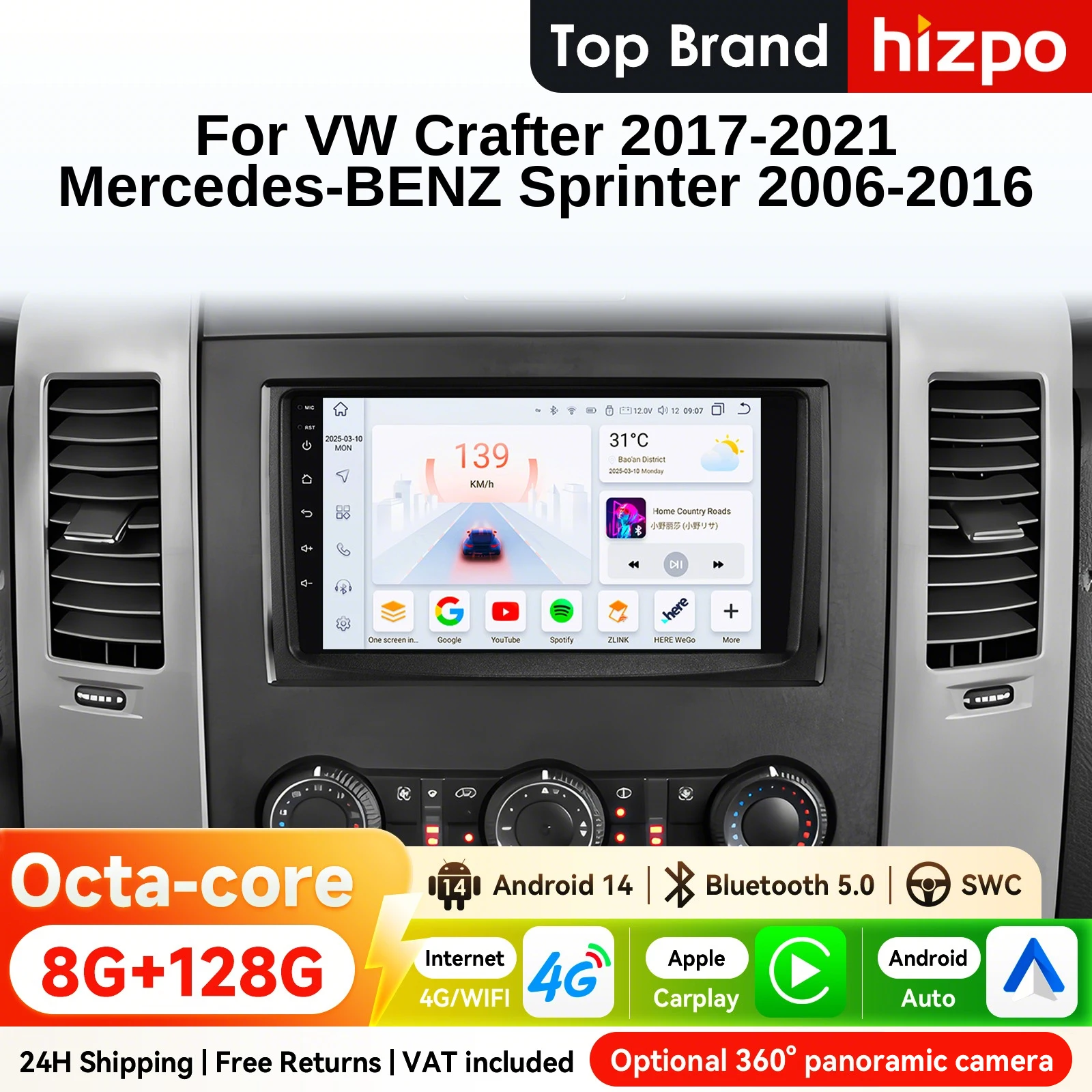 Autoradio Android Hizpo 2Din 9 pollici per Volkswagen Crafter 2006 - 2016 Mercedes-Benz Sprinter 4G BT GPS Carplay WIFI Stereo 360 ° CAM Opzionale DSP RDS SWC