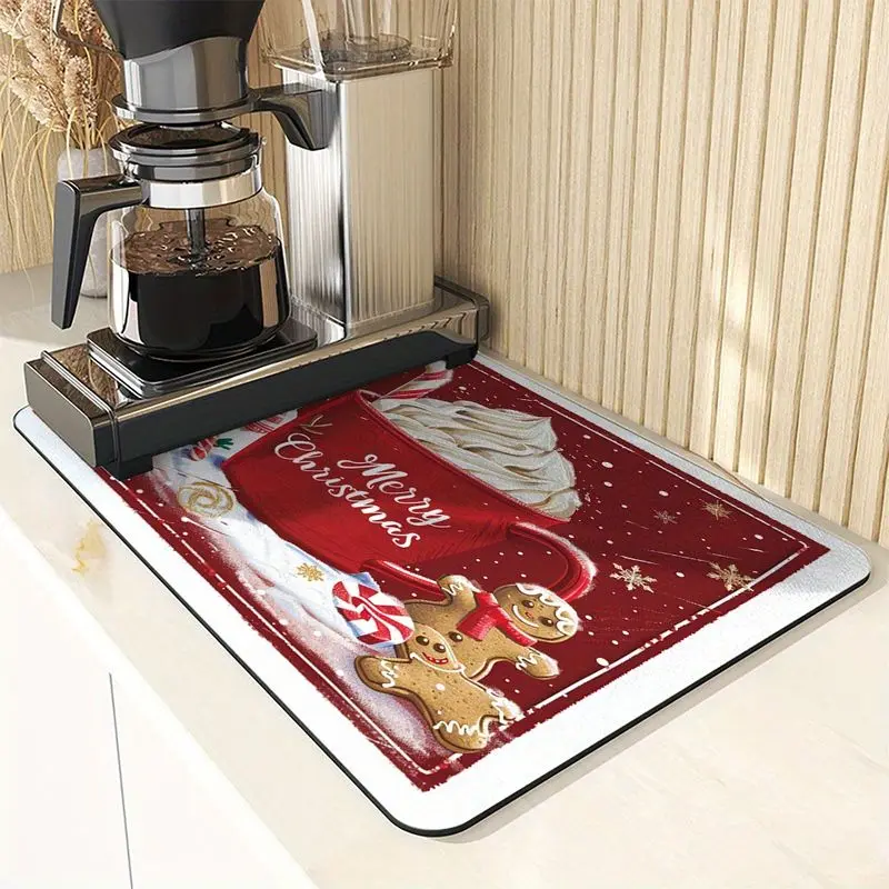 VIKAMA Red Merry Christmas Drain Mat Christmas Hot Cocoa Gingerbread Man Absorbent Kitchen Countertop Mat Home Kitchen Decor