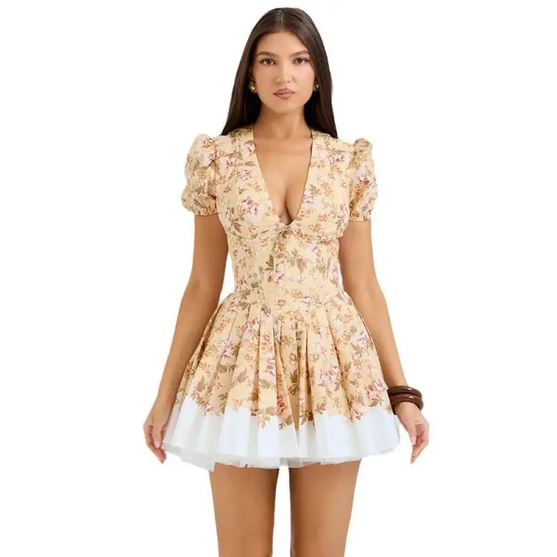 Dresses 2025 Women Fashion Sexy Streetwear Collect Waist Printed V-neck Short Sleeve Elegant And Beautiful Women's Dresses
