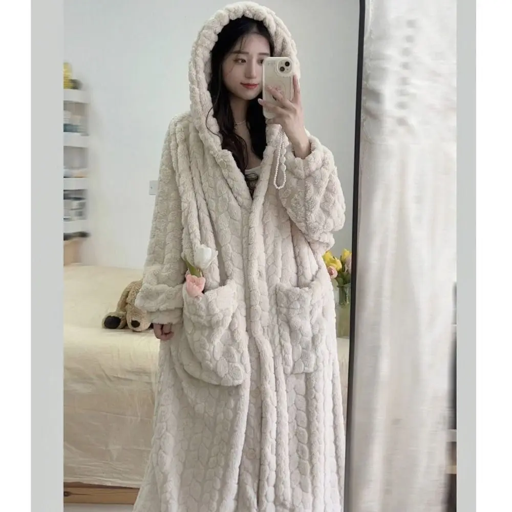 Kawaii chaud hiver vêtements de nuit mignon doux à capuche Robes loisirs corail polaire chemise de nuit