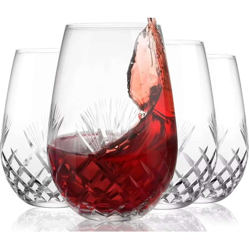 

Hand Cut Stemless Wine Glass Set of 4, Large 18 oz Crystal Wine Glass, Wine Tumblers for Red and White Wine, Water Glasses