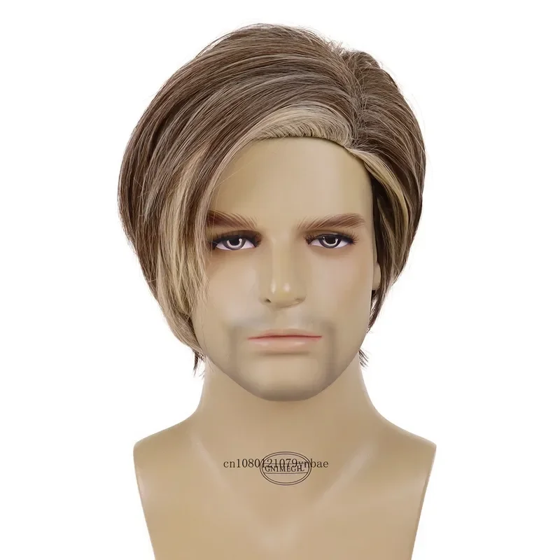 Men Wig Natural Short Straight Synthetic Wigs for Male Brown Mix Blonde Highlight Wigs with Side Bangs Cosplay Party Halloween