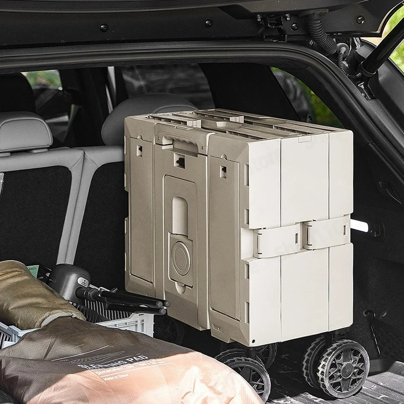 Foldable Camping Wagon with Storage Box, Large Capacity Outdoor Utility Cart Double Door, Portable Folding Beach Trolley