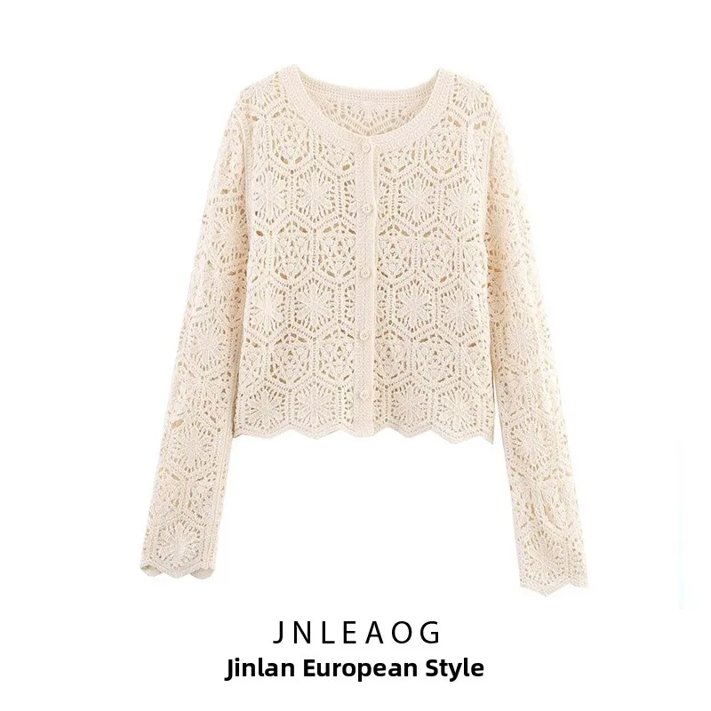 JNLEAOG Spring New Women's round Ne Long Sve Hollow out Wave Hem Knitted Open Cardigan Fairy Skirt Casual Sle Polyeste...