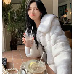 Korea Fake Fur Winter Women Solid Faux Fur Coat Casual Long Sleeve Fleece Jacket Female Turn Down Collar Long  Coat Outerwear