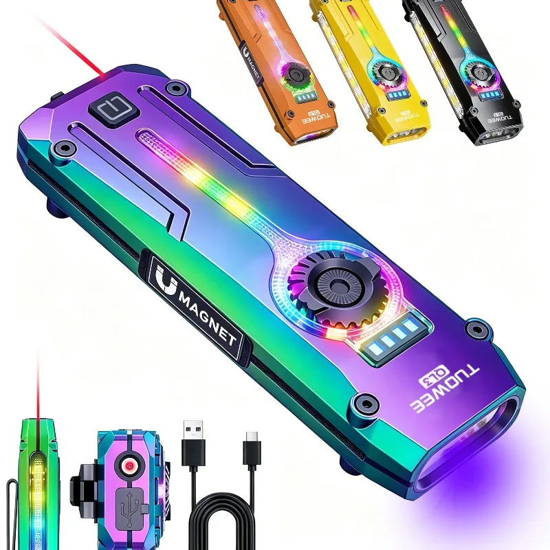 TUOWEE 7-in-1 1800LM Tactical Flashlight, Type-C Rechargeable EDC Light with 395 NM UV Light, Laser, RGB Light, Magnetic Base & Stepless Dimming for Outdoor Use