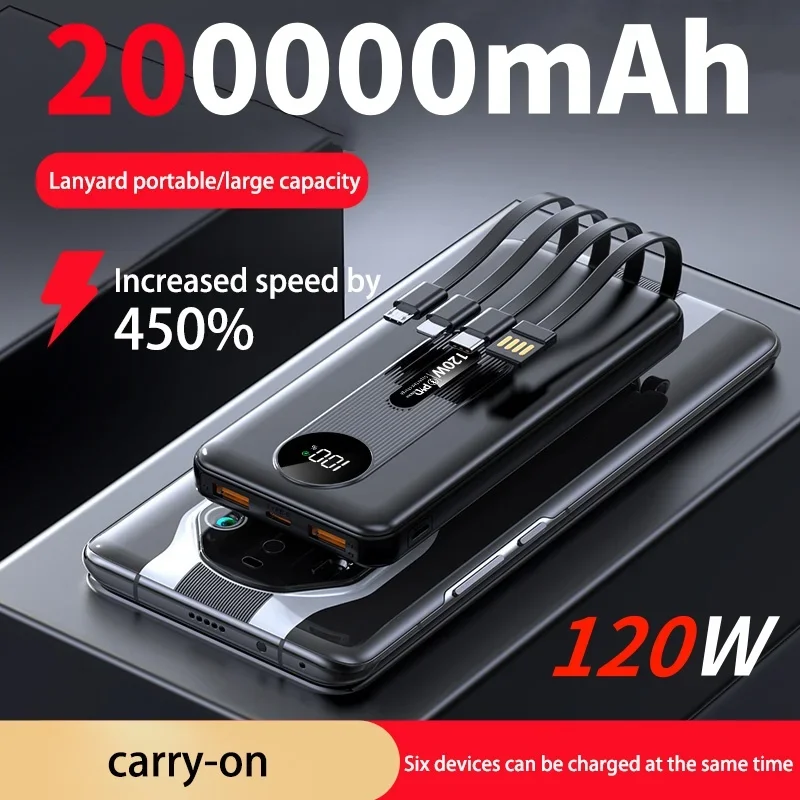 

200000mAh High Capacity Power Bank 120W Super Fast Charging Mobile Power External Battery For iPhone Samsung Huawei New 2025