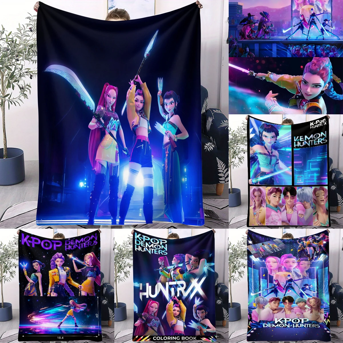 

1PCS K Pop Demon Hunters Flannel Blanket Cyber Battle-style Plush Throw Novelty Warm for Home Office Nap Camping All Season Gift