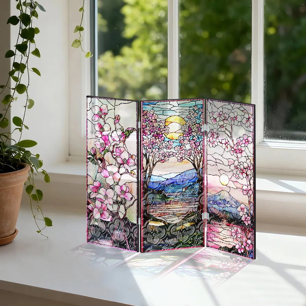 Folding Translucent Acrylic Screen, Painted Pink Floral Decorative Painting Table, Entrance TV Cabinet Gift