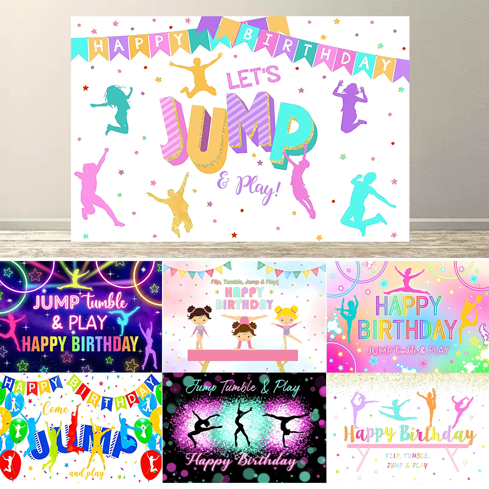 

Let's Flip Athlete Gymnast Gymnastic Theme Jump Tumble Play Gymnast Rhythmic Gymnastic Girl Birthday Party Baby shower Backdrop