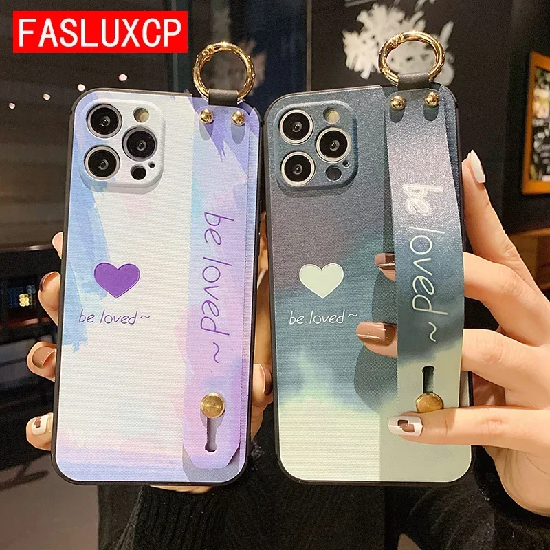 for iPhone 16 Pro Max Cover Watercolor Gradient Wrist Strap Stand Holder Case for iPhone 15 Pro 14 16 Plus 12 13 11 XR X XS 7 8