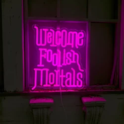 Welcome FoolishMortals Neon Sign|Haunted Mansion CoffinLEDSign|Spooky Gothic StyleDecor|HalloweenGoth Decor|Halloween Wall decor