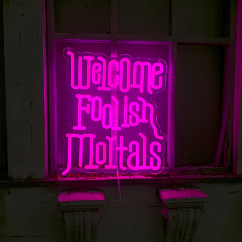 Welcome FoolishMortals Neon Sign|Haunted Mansion CoffinLEDSign|Spooky Gothic StyleDecor|HalloweenGoth Decor|Halloween Wall decor