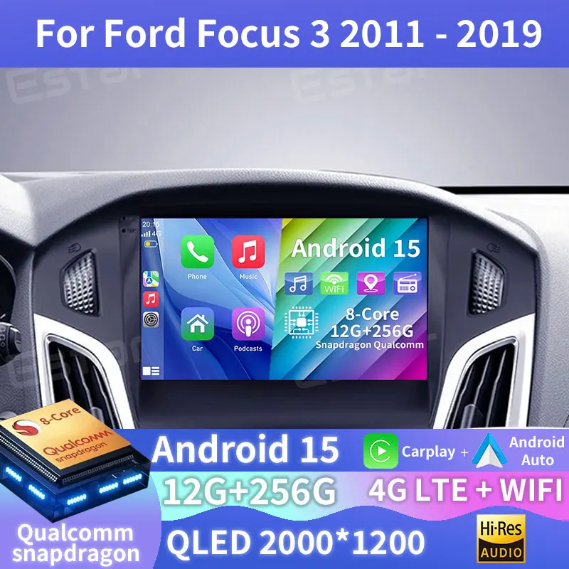 Android 15 Car Radio For Ford Focus 3 Mk 3 2011 - 2019 360 Camera Head Unit Wireless Carplay Multimedia Stereo Player NAVI QLED