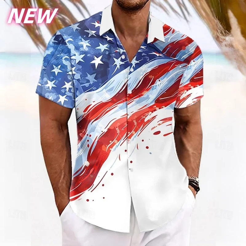 

3D Printed Star Stripe Aloha Shirt For Men America Flag Graphic Blouses Casual Short Sleeve Hawalian Shirts Loose Street Tops
