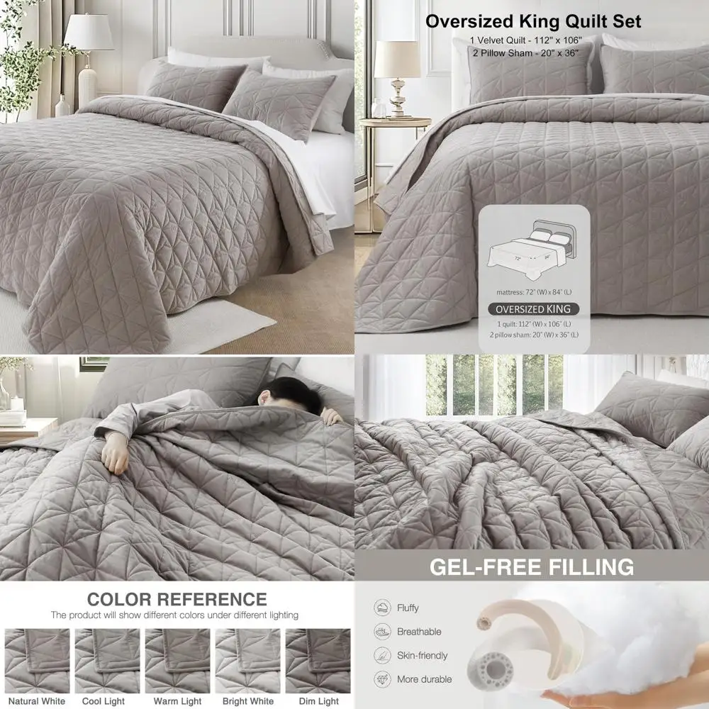 

Elegant Velvet California King Size Quilt Set - 112x106 Inch Geometric Stitched Triple-Layer Lightweight All-Season Coverlet