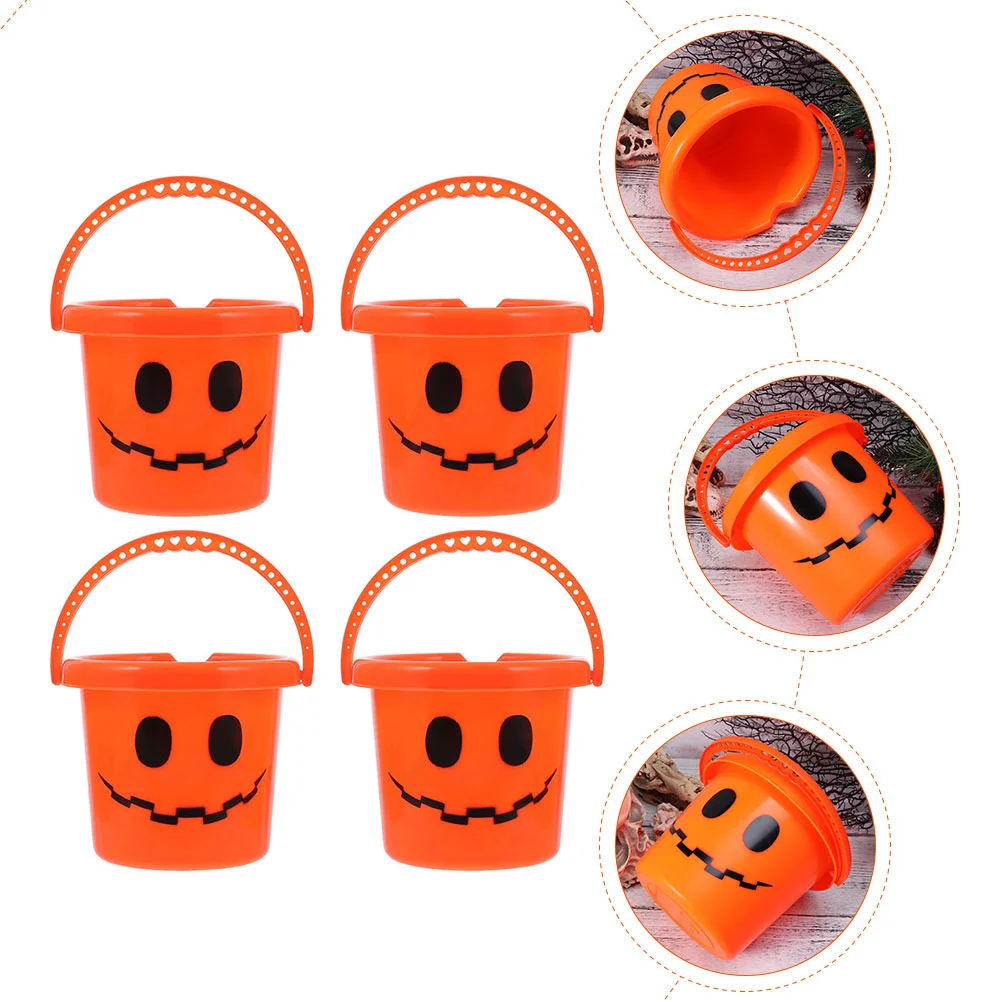 4 Pcs Pumpkin Bucket Halloween Candy Containers Plastic Handles Decor Design Holder Kids Party Snack Storage Gifts Bright Colors