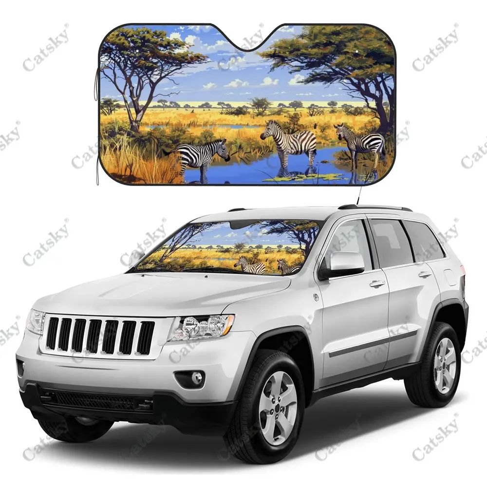 Zebras Foraging in River Car Windshield Sunshade,Auto Accessories Front Windshield Sun Visor Blocks Uv Rays Protect Decoration