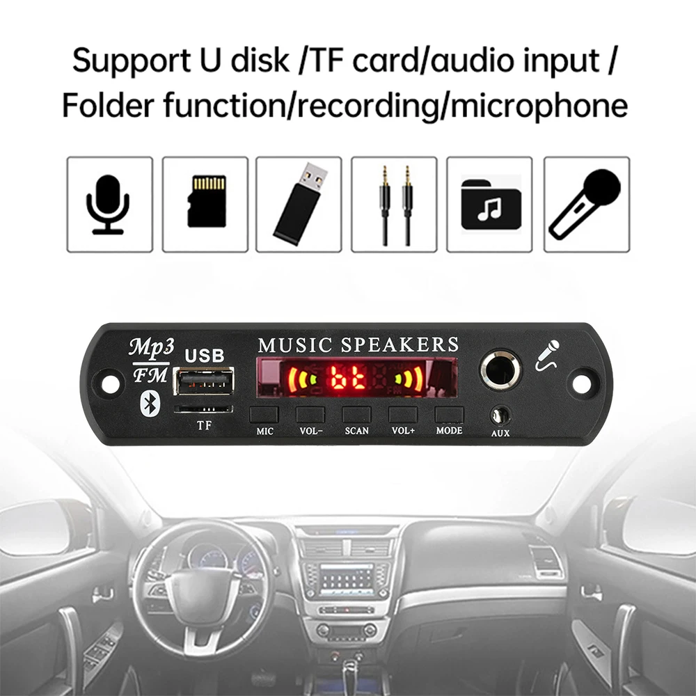 Placa decodificadora de áudio bluetooth dc6 ~ 16v, reprodutor de mp3, 2*30w, amplificador de áudio estéreo de 2 canais, módulo de integração de karaokê para carro