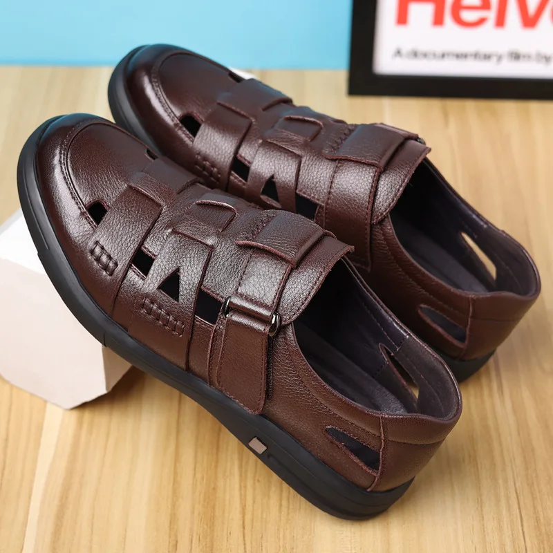 Fashion Mens Genuine Leather Sandals 2023 Summer Flat Soft Cow Leather Male Footwear Thick Sole Brand Black Casual Shoes