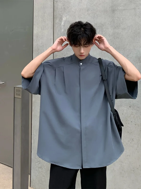 

New Chinese Style Men's Ice Silk Shirt Short Sleeve Handsome Cityboy Coat Casual Loose Fit Summer Thin Fabric Pure Color